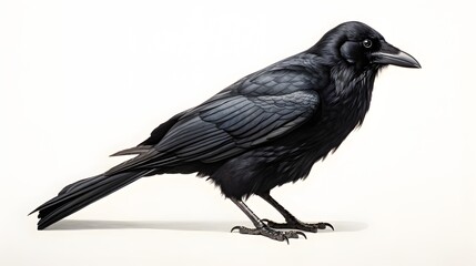 A black crow poses elegantly on a white backdrop