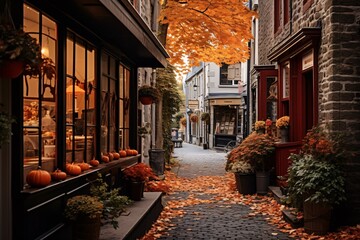 a cobbled street in a historic town. Burnt orange and deep red leaves have fallen and scatter the path. Shop windows display pumpkin arrangements and autumn-themed decor - obrazy, fototapety, plakaty