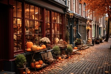 a cobbled street in a historic town. Burnt orange and deep red leaves have fallen and scatter the path. Shop windows display pumpkin arrangements and autumn-themed decor