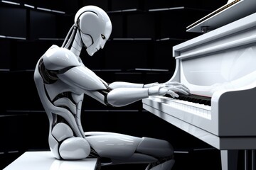 Sci-fi humanoid robot android plays piano robotic fingers touch stylish musical instrument notes technological harmony advanced artificial intelligence people-like futuristic interactions 