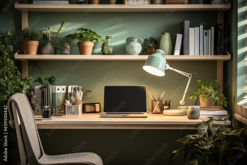 Poster workspace at home with computer and decoration office supply in working zone generate with ai.