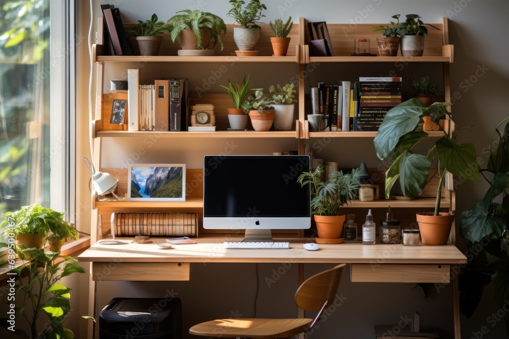 Poster workspace at home with computer and decoration office supply in working zone generate with ai.