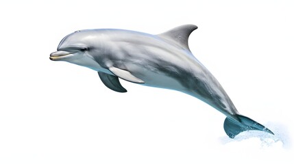 A grey dolphin with a white underbelly leaping out of the light blue water on a white background