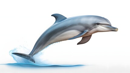 A dolphin jumping out of the blue water with its head pointing downwards on a white background