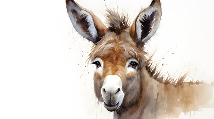 A watercolor illustration of a light brown donkey with dark ears and a curious look - obrazy, fototapety, plakaty