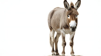 A gray donkey with a white muzzle and a brown stripe on its back looks at the camera