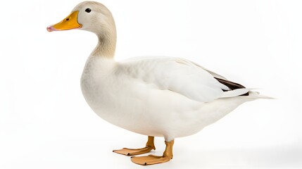 Obraz premium A white duck with a yellow beak and orange feet standing on a white background