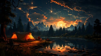 Dreamy camping scene with a moonlit lake and a starry sky