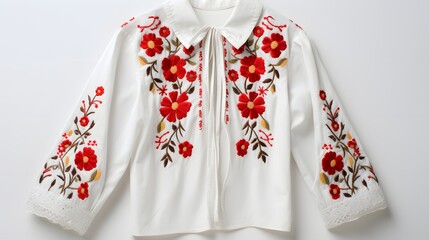 A white blouse with colorful floral embroidery on a white background