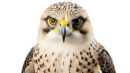 A falcon shows off its sharp beak and yellow eyes against a white background
