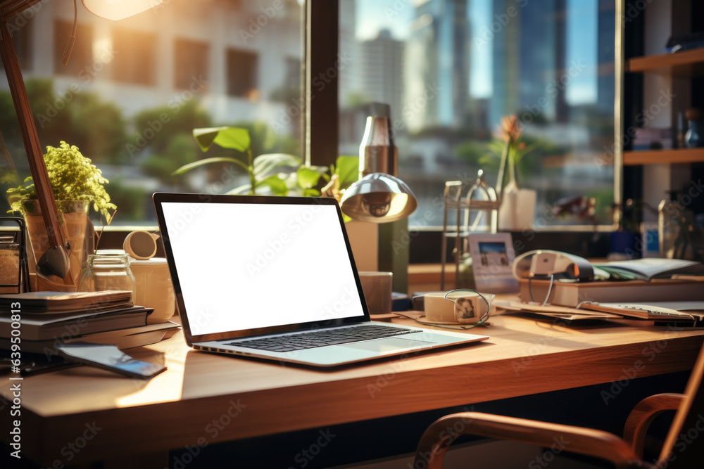 Poster workspace with laptop computer and supply on table with cityscape without mirror.