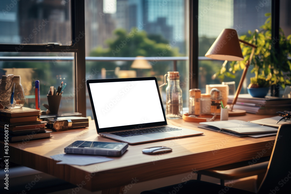 Poster workspace with laptop computer and supply on table with cityscape without mirror.