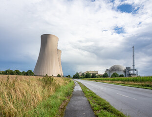 Green landscape and nuclear power plant.