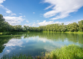 Green landscape and pond in Germany.