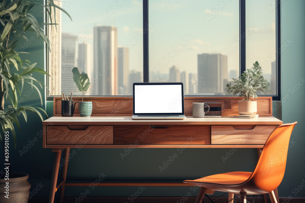 Poster workspace with laptop computer and supply on table with cityscape without mirror.