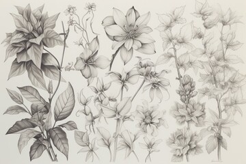 Floral and foliage sketches in pencil graphite. Generative AI