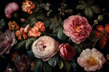 Classic artwork featuring antique English roses set against a black Victorian floral backdrop. Generative AI