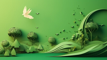 Paper art of green ecology and energy saving for environment conservation concept landing page website template background.  - obrazy, fototapety, plakaty