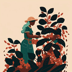Fototapeta na wymiar Woman Character Harvesting Coffee Picking Fresh Fruit from Branch. Mockup for pack, ad, presentation.