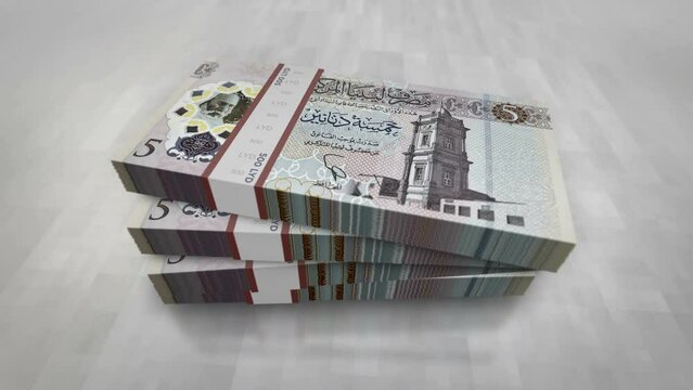 Libya money Libyan Dinar money pile pack. Concept background of economy, banking, business, crisis, recession, debt and finance. 5 LYD banknotes stacks 3d animation.
