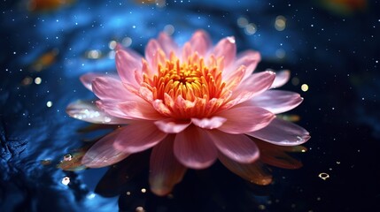 Beautiful pink lotus flower in the pond with water drops.