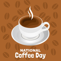 National Coffee Day vector illustration. Black coffee in a white cup with a saucer vector. September 29.