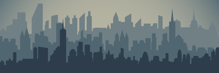 City silhouette. Silhouette of the city in dark colors with a slight glow. Flat vector illustration.