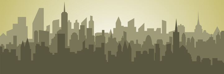 City silhouette. Silhouette of the city in yellow and light colors with a glow in the sky. Flat vector illustration.