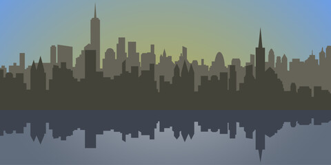 City silhouette. Silhouette in dark colors with the sunrise in the sky and the reflection of the city in the water. Flat vector illustration.