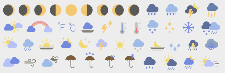 Set of colored bright weather icons. Weather forecast. Weather. Vector illustration.