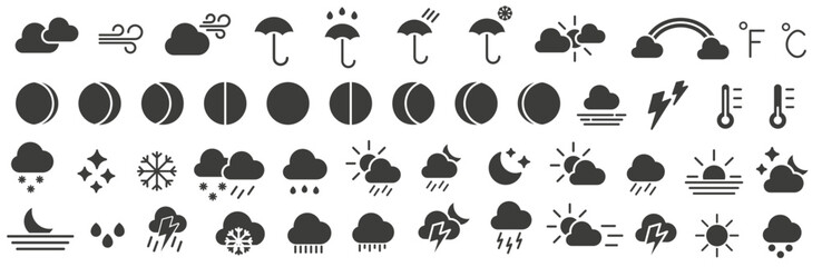 Set of dark hollow weather forecast icons. Weather forecast. Weather. Vector illustration.