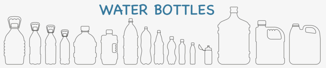 Vector set of thin line water bottles isolated on white background. Water bottles.