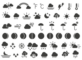 Weather forecast. Set of dark hollow weather forecast icons. Weather. Vector illustration.