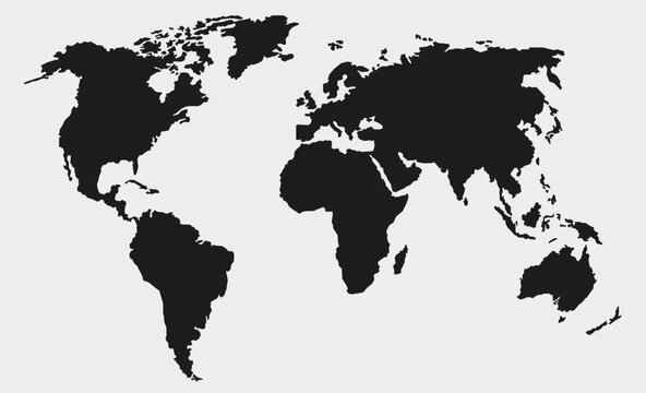 World map isolated on a white background. Flat earth, world map template. Vector dark silhouette of the world map.
