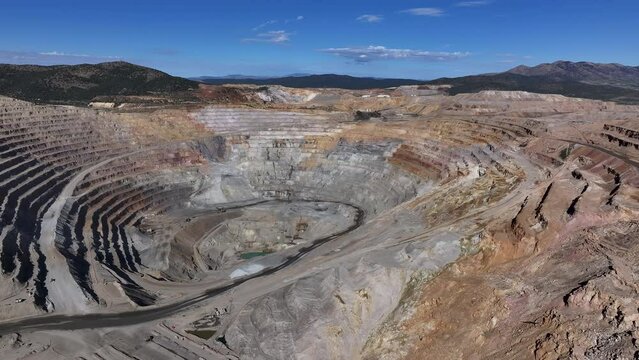 Aerial Ely Nevada copper gold mine open pit industrial 2. Boom town along historic Pony Express trail. Rural mining community. Ore transported to Japan for smelting. Precious minerals.