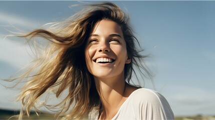 Photo of a woman with flowing hair caught in the wind