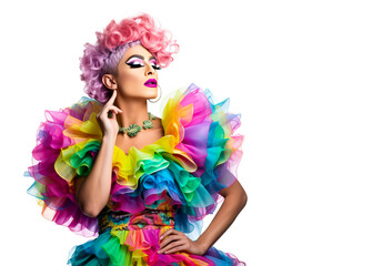 Drag Queen in a colorful dress on white background. Concept of trans or pan people and the LGBT++ movement.