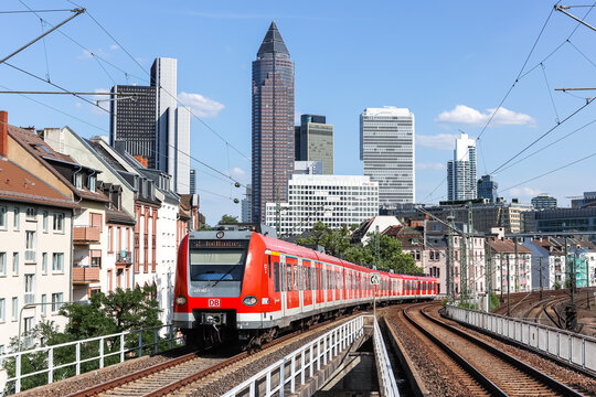 S-Bahn commuter train of DB Deutsche Bahn at Frankfurt West railway station public transport in Frankfurt, Germany