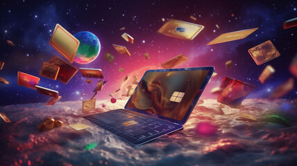 e commerce online store. Shopping cart and laptop computer with beautiful light bokeh on the background, celebration, holiday gift, promotion and special offer, e-commerce advertising concept.