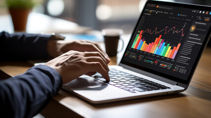 Businessman analyzing financial data for marketing strategy in workspace using BI dashboard with graph and chart on laptop screen. Stock exchange, trading, forex, growth chart. Professional report. - obrazy, fototapety, plakaty