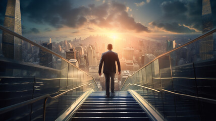 Businessman walk standing on top of stairs. Concept of success career, way up climb top building. Corporate mission job ladder. Achievement and focus to goal, leadership and success.