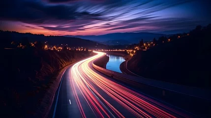 Fototapete Autobahn in der Nacht A long exposure photo of a highway at night. Generative AI