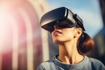 Woman girl student user computer technology female wearing VR headset virtual reality goggles exploration metaverse modern advanced tech future progress playing cyber game experience gaming outdoors