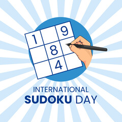 Vector graphic of hand is writing doing a puzzle for International Sudoku Day