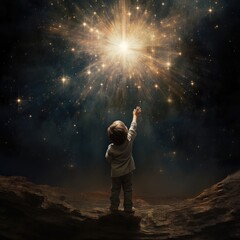 Fototapeta na wymiar Little boy reach star, AI generated Image