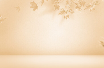 Minimalistic Fall scene in cream color shades. Autumn background with shadow of maple tree leaves on a wall. - 639503848