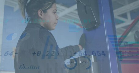 Animation of graphs and numbers moving and caucasian woman standing by electric car charging station - Powered by Adobe