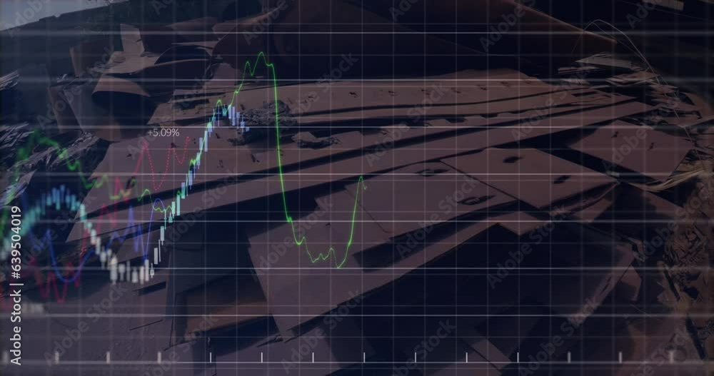 Poster animation of multiple graphs, changing numbers, high angle view of metal scrap in junkyard