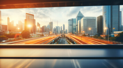 Fototapeta premium modern office room with sunset, light and bokeh, tower view background. 