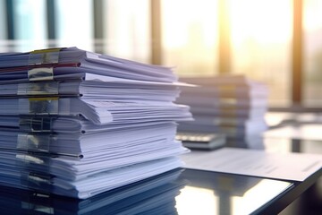 A stack of office documents on work table. Light office and files on desk